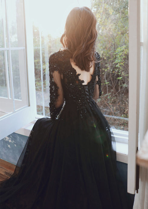 Black Tulle with Lace Long Sleeves A-line Prom Dress, Black Evening Dress Party Dress